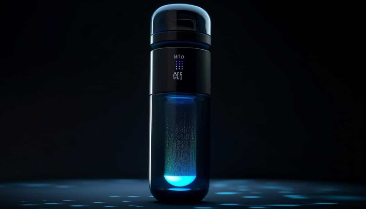 A modern water bottle with a digital temperature display and glowing blue bottom, displayed against a dark background.