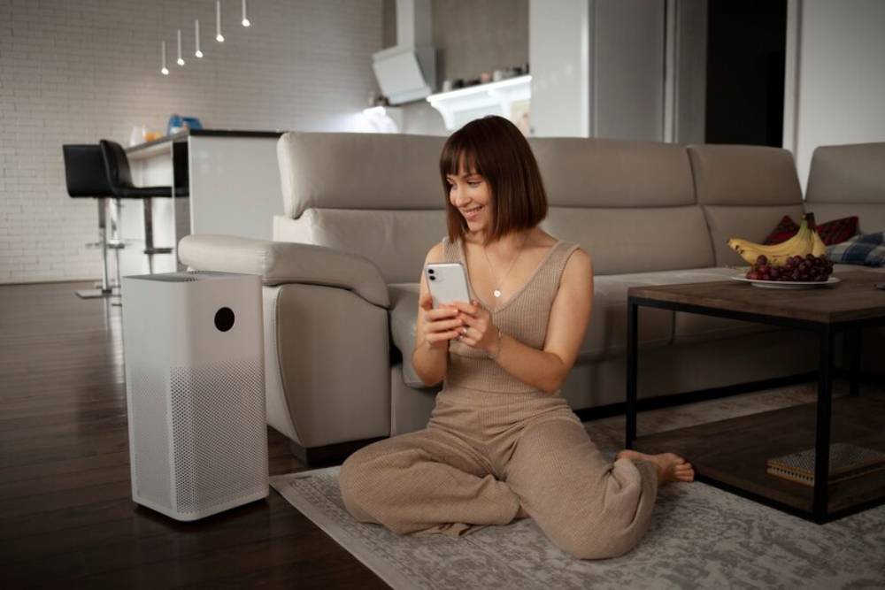 A person sits on a rug, holding a phone, next to a white air purifier in a modern living room.