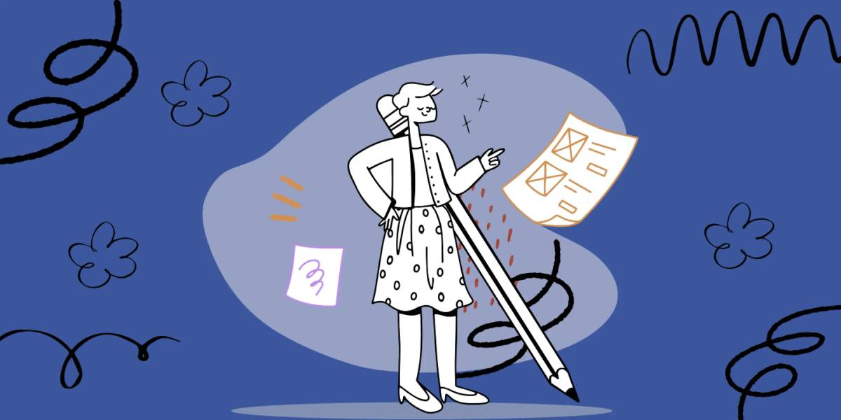 A confident person stands with a large pencil, wearing a polka-dot dress against a vibrant blue background filled with playful doodles.