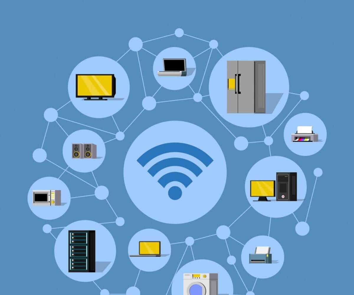 Illustration of various smart devices connected by a network, featuring a Wi-Fi symbol at the center, including appliances and computers.