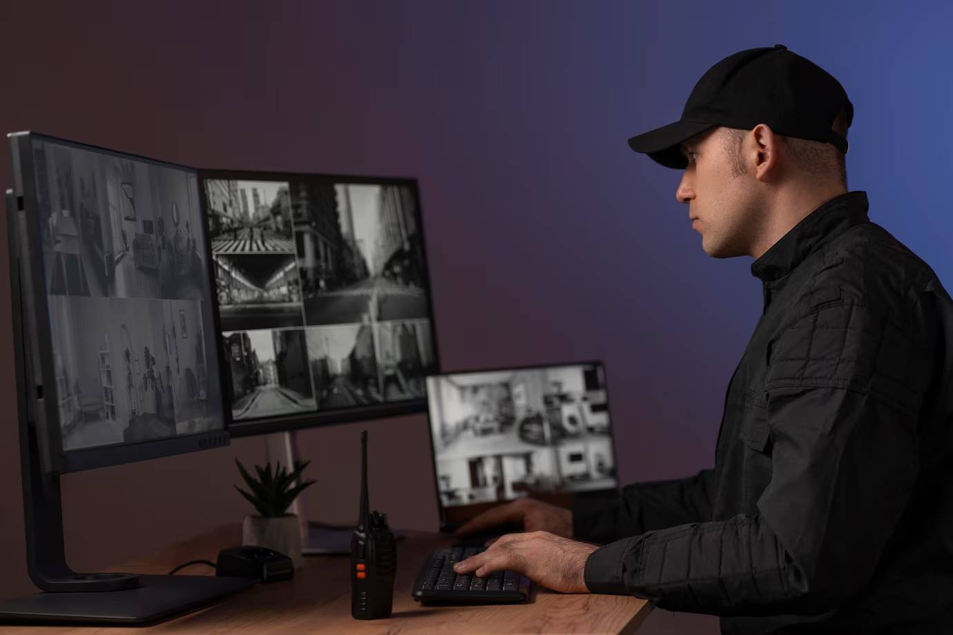 A person in a black jacket and cap monitors multiple black-and-white security camera feeds on dual screens, with a radio and plant nearby.