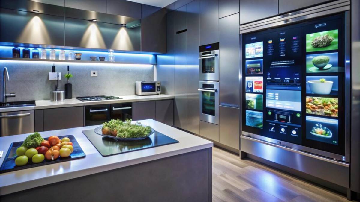 A modern kitchen with sleek cabinetry, a smart fridge displaying recipes, and a counter with fresh fruits and vegetables.